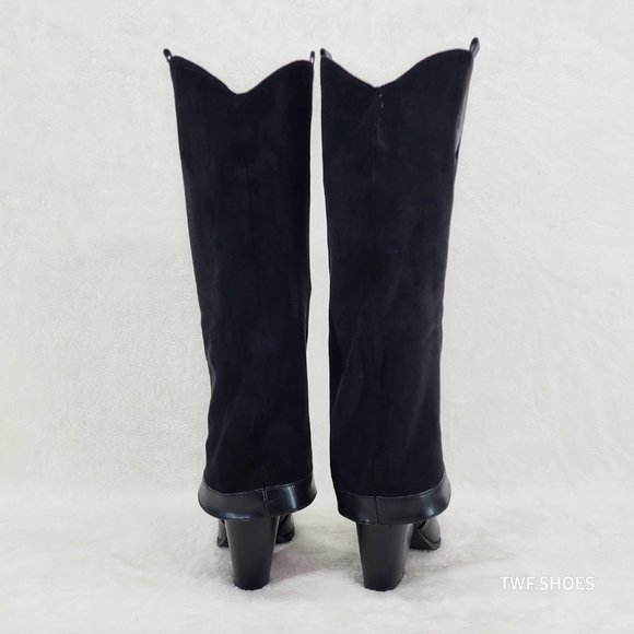 Branded Black Skirted Fold Over Western Knee High Cowgirl Boots - Picture 6 of 8